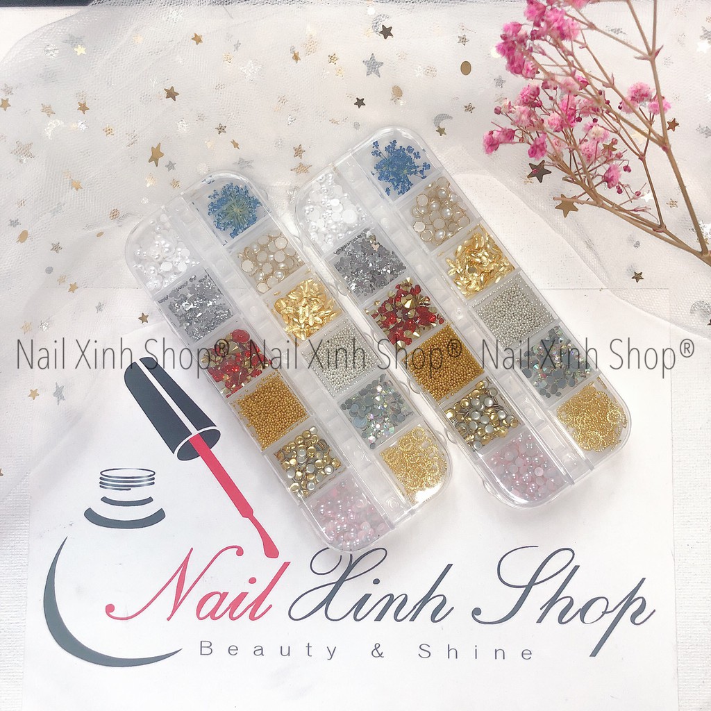 Khay 12 ô phụ kiện nail, trang trí móng tay cao cấp (phụ kiện nail kim loại mix)