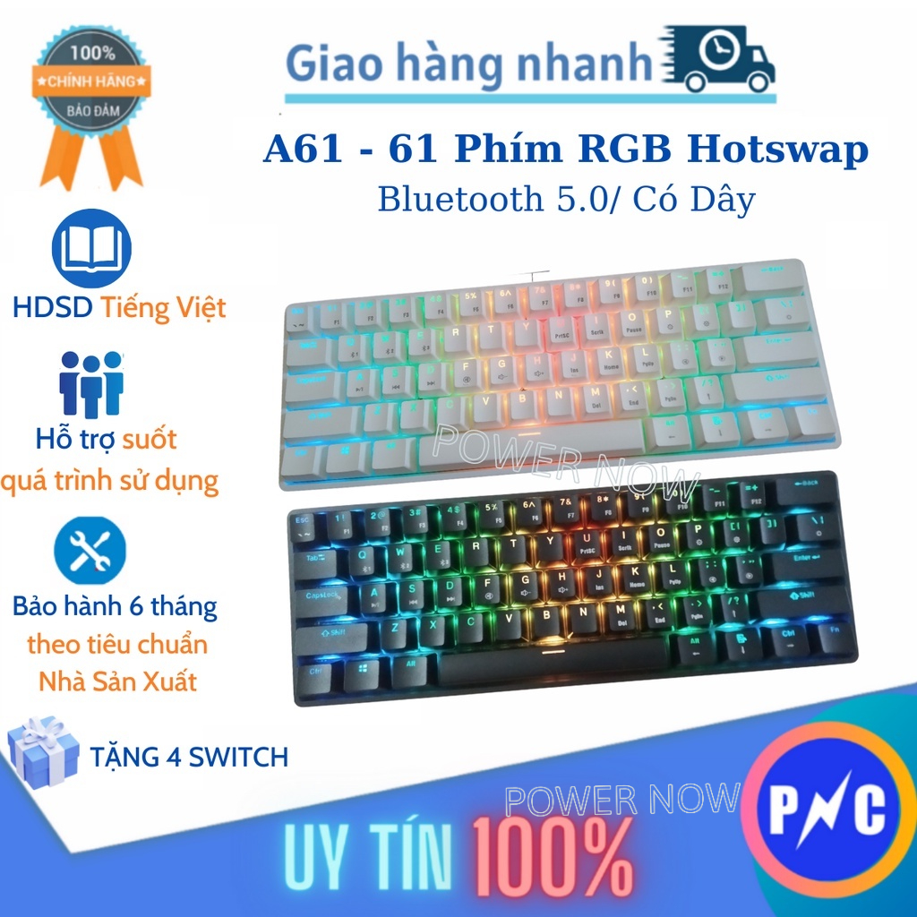 Bàn Phím Cơ Không Dây 61 Phím Hotswap A61 Led RGB. Bluetooth 5.0/ Có Dây. Thay nóng Switch tiện lợi. Chính Hãng Alexs.