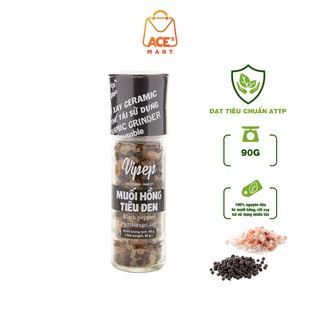 Muối Hồng tiêu đen Vipep 100% nguyên chất từ Himalaya, không chất tạo màu, tiêu đen nguyên hạt chưa qua chế biến 90g