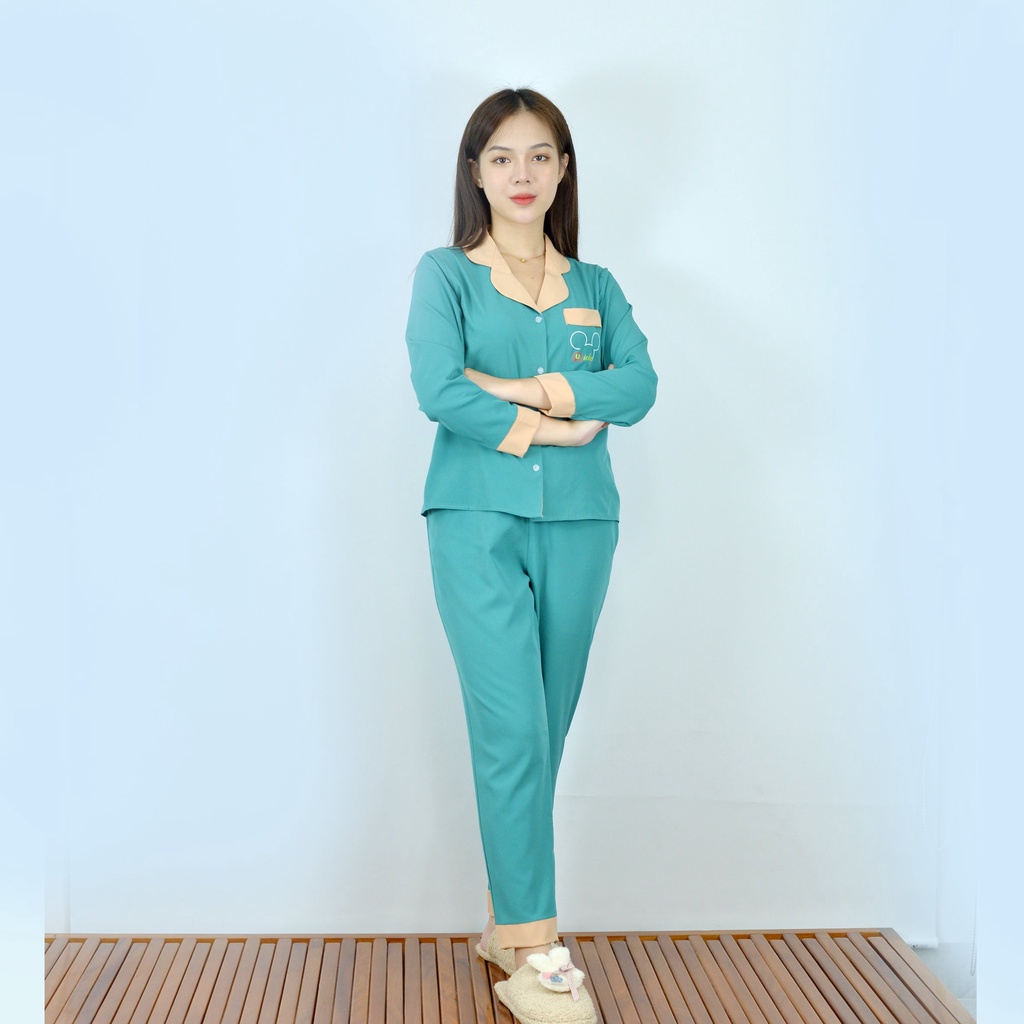 Đồ bộ nữ Pijama mặc nhà P4 XANH ĐÁ tay dài quần dài in hình dễ thương