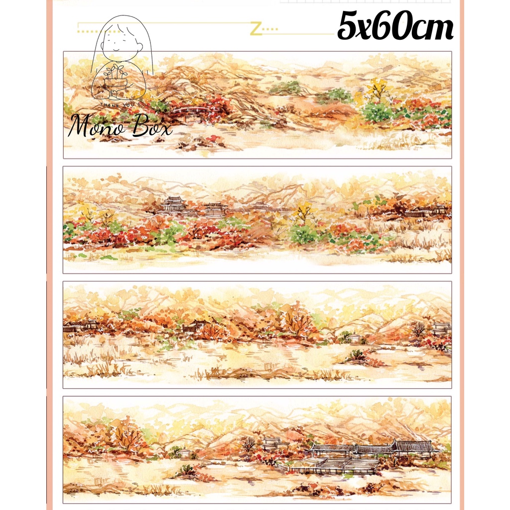 [Chiết 5x60cm] Đoạn Washi tape, băng dán trang trí chủ đề hình nền cảnh vật cổ phong làm tranh washi