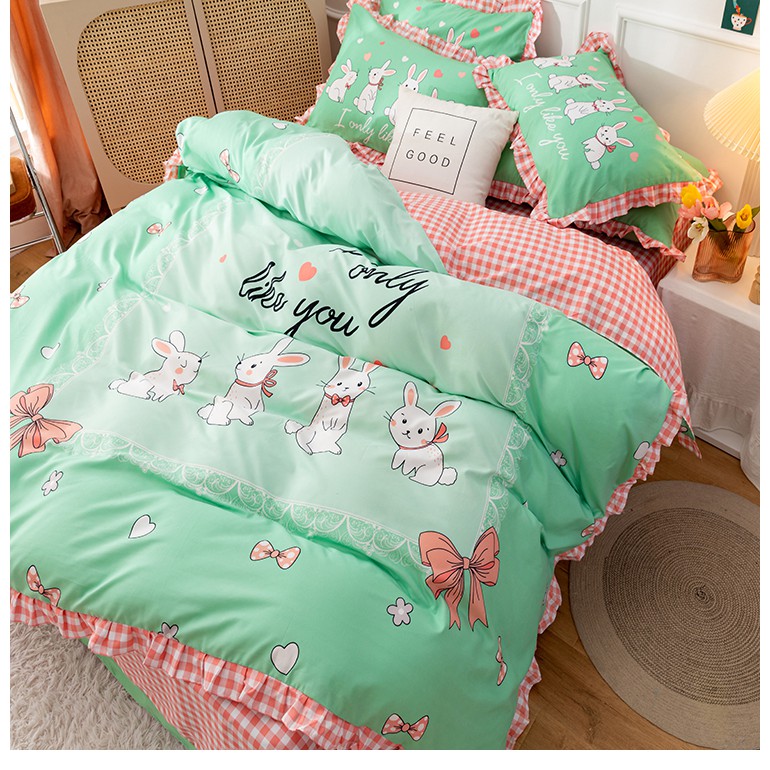 Bộ Chăn Ga Gối Cotton Bèo LIDACO Hoạt Hình 5D - Thỏ Nơ Đỏ Màu 13