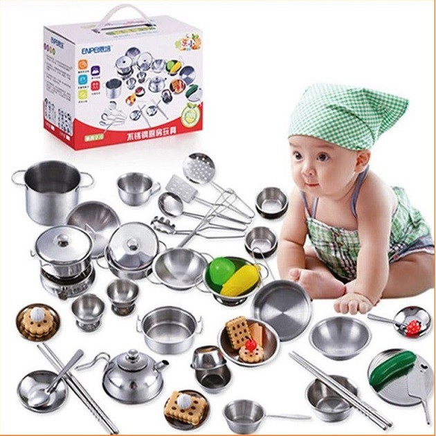 Bộ đồ chơi nhà bếp INOX 40 món cho bé - set nấu ăn mini 40 chi tiết