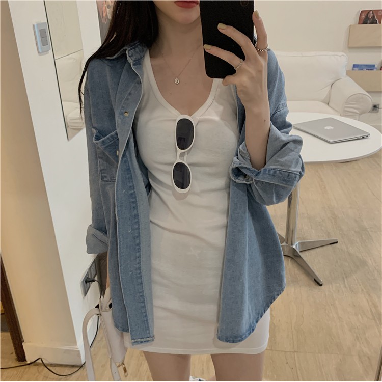 (Ảnh thật) Set áo sơ mi jean denim và đầm ôm trắng cổ V Hàn Quốc