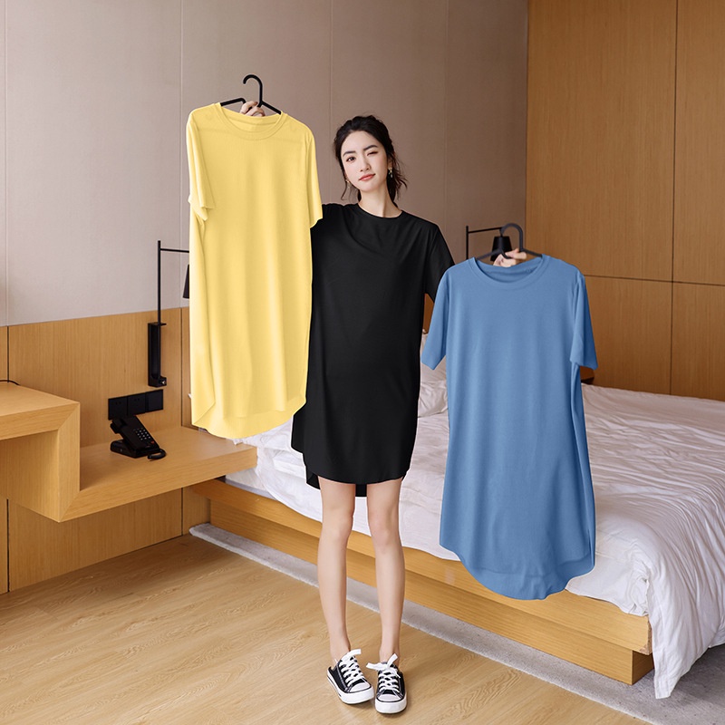 Đầm Ngủ Tay Ngắn Cổ Tròn Màu Trơn Bằng Vải Lụa Băng Dành Cho Nữ