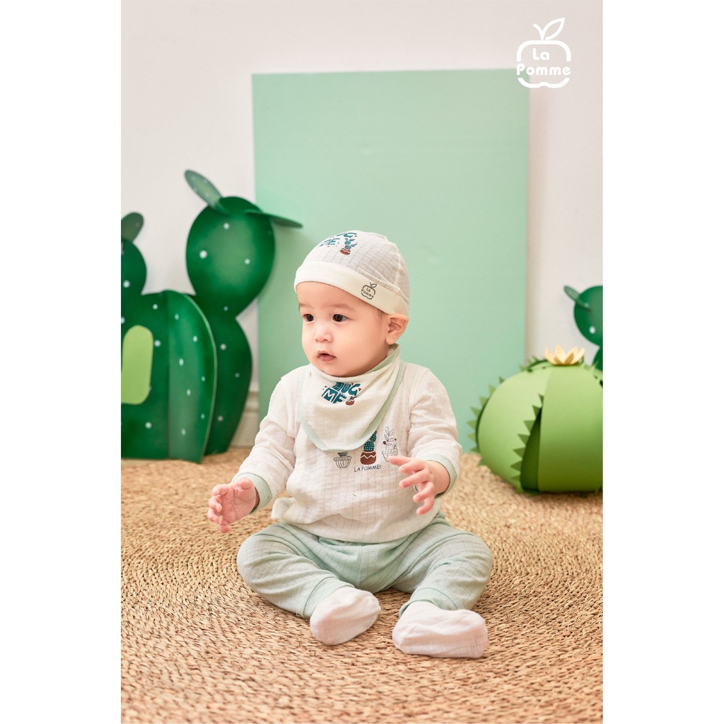 [CHÍNH HÃNG] Set bao tay bao chân bo ống, mũ và yếm xương rồng trắng/mint La Pomme