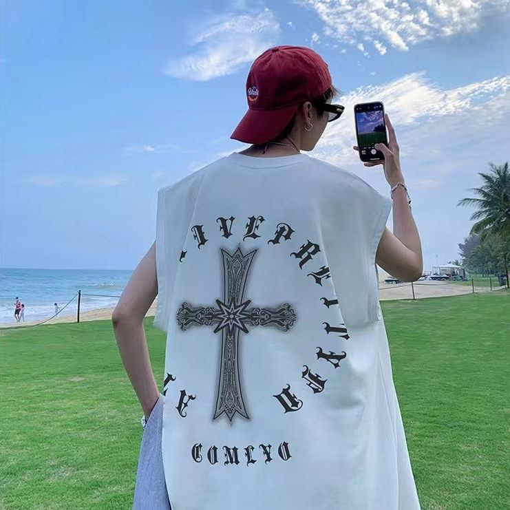 Áo Thun Sát Nách Dáng Rộng In Chữ Thập Phong Cách Hip Hop Thời Trang Đường Phố Cho Nam