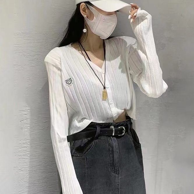 【ZHELIHANGFEI】Áo Cardigan Dệt Kim Tay Dài Cổ Chữ V Họa Tiết Kẻ Sọc Thời Trang