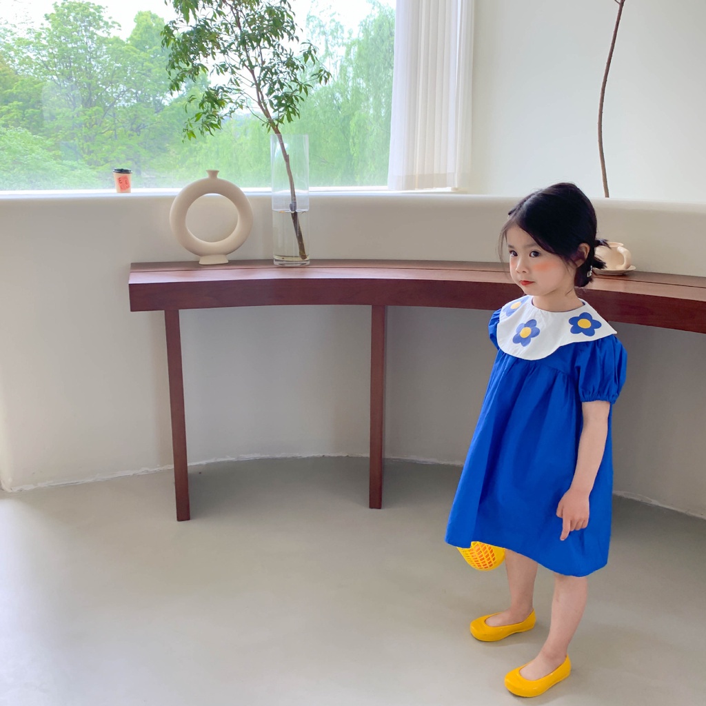 Đầm Tay Phồng In Hoa Màu Xanh Dương Dễ Thương Cho Bé Gái 0-6 Tuổi