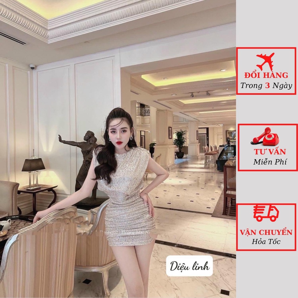 Váy nhũ body nữ dúm eo tay hến sát nách dáng ngắn phong cách sexy đi tiệc cưới ulzzang Hàn Quốc