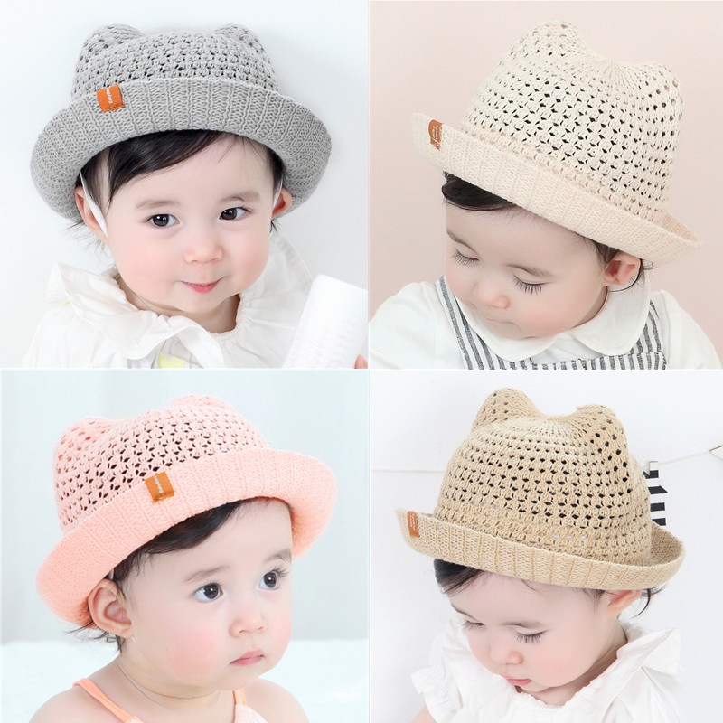 Kids Baby Summer Cotton Yarn Hats Boy Girls Cute Bear Ears Beach Straw Hat Hollow Breathable Basin Cap Toddler Travel Caps