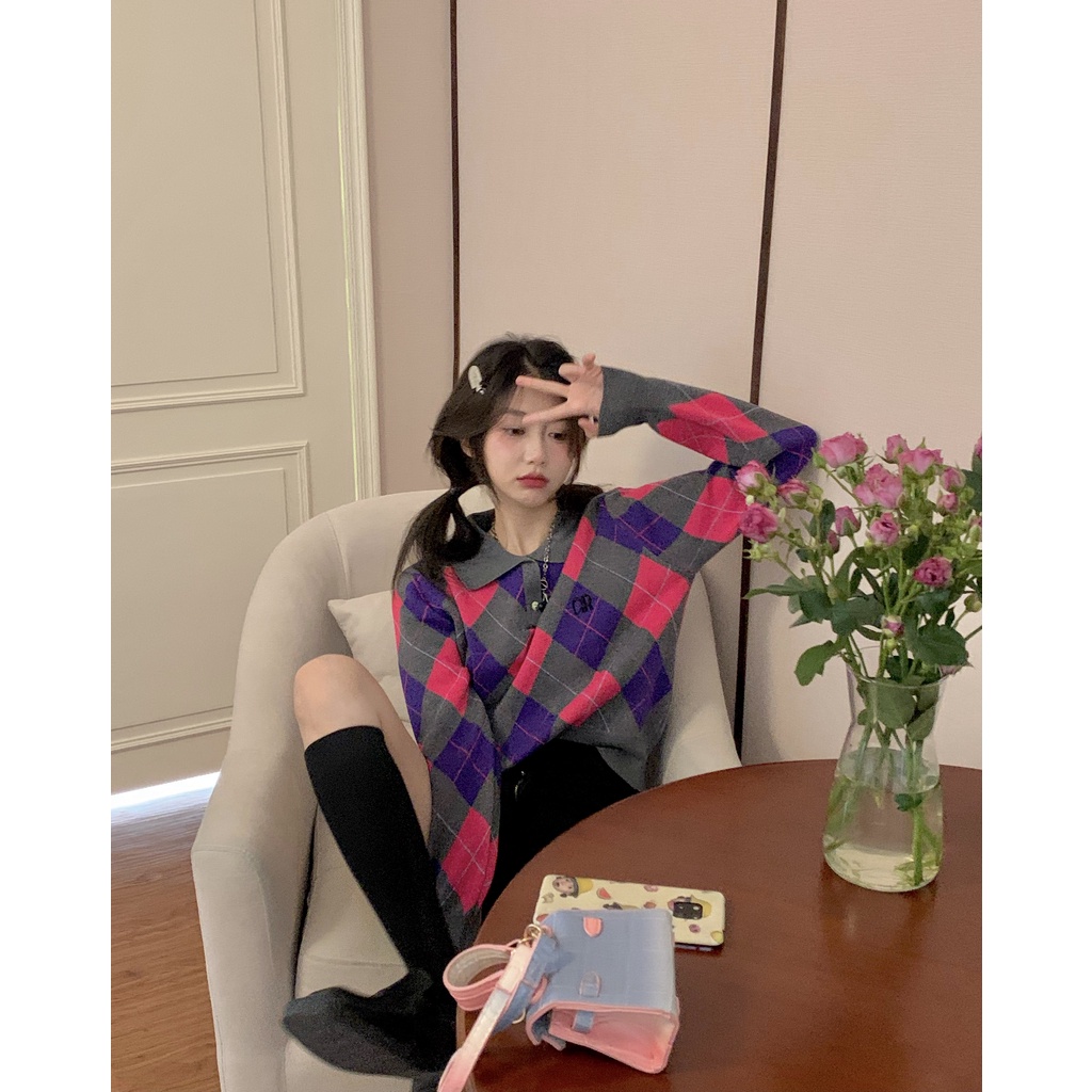 Áo sweater Dệt Kim Họa Tiết Hình Thoi Phong Cách Thời Trang Hàn Quốc Cho Nữ