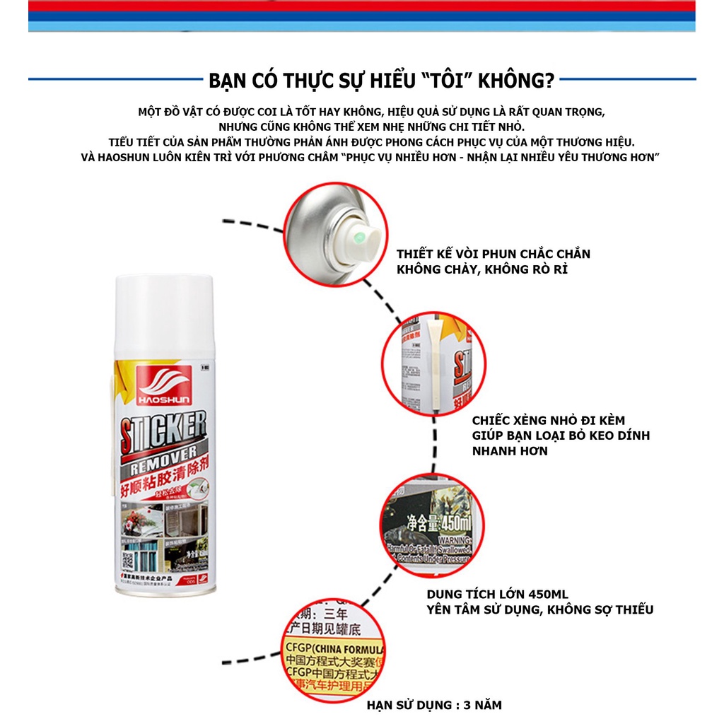 Chai Xịt Tẩy Keo Sơn Băng Dính - Vệ Sinh Nhựa Đường Vết bút mực HAOSHUN Sticker Remover - Dung Tích 450ML.- DAKI SHOP