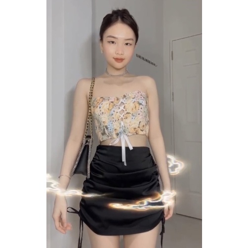 Áo Corset top gấm hoa đan dây