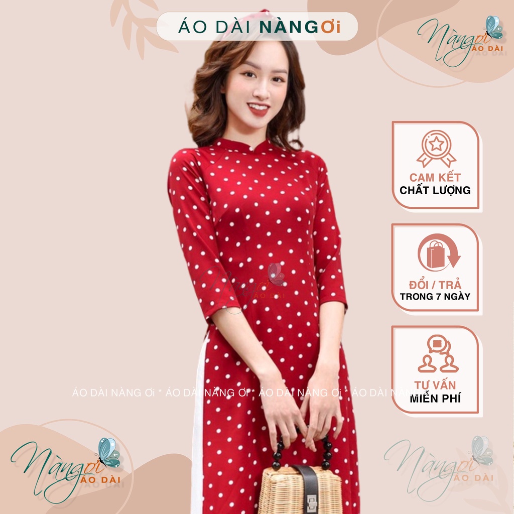 Áo dài đỏ đô chấm bi - Áo dài truyền thống may sẵn cổ vuông tay lỡ Lụa đẹp