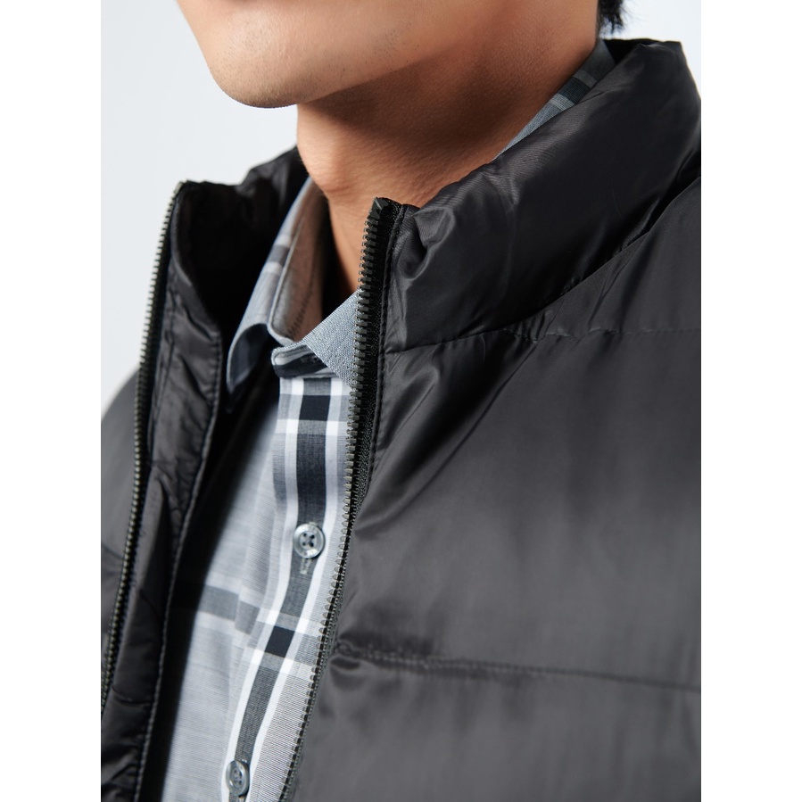 Áo khoác phao nam Owen JK220711 jacket 2 lớp màu đen trơn vải polyester cao cấp dáng suông không mũ cổ đứng bo tay gấu