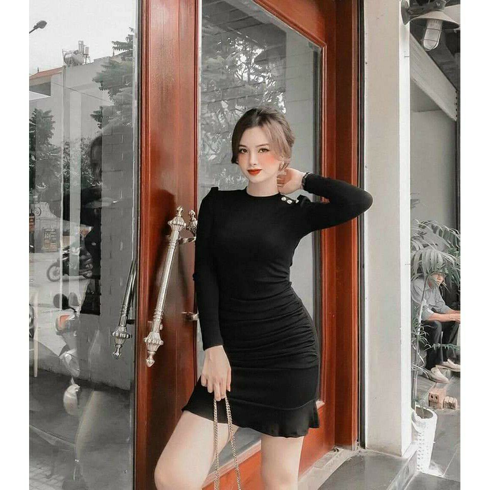 Đầm body đuôi cá tay dài cổ tròn với thiết kế dáng ôm nút vai siêu xinh thời trang,  ĐẦM BODY NÚT VAI ĐUÔI CÁ