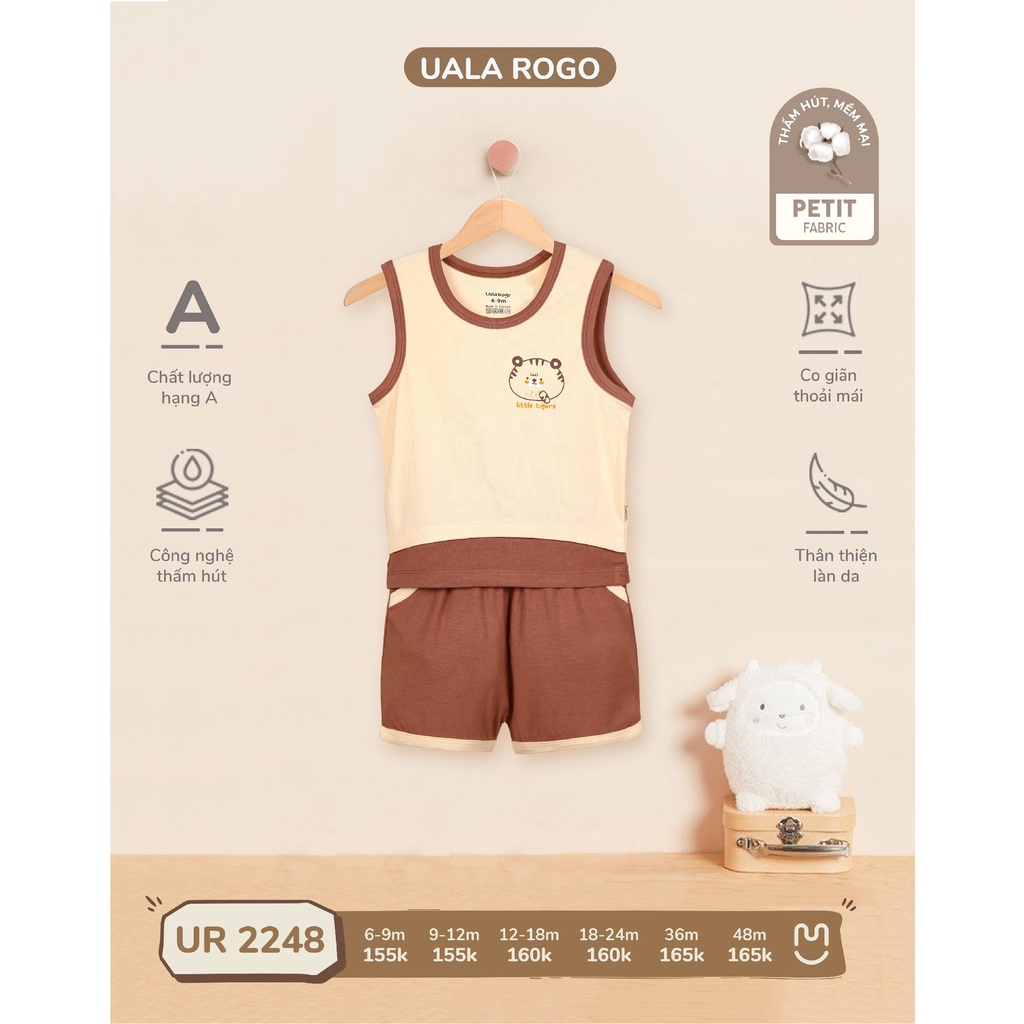 Bộ ba lỗ Uala Rogo chất vải petit cao cấp mềm mịn thoáng mát thấm hút tốt in hổ tiger cho bé trai bé gái 2248