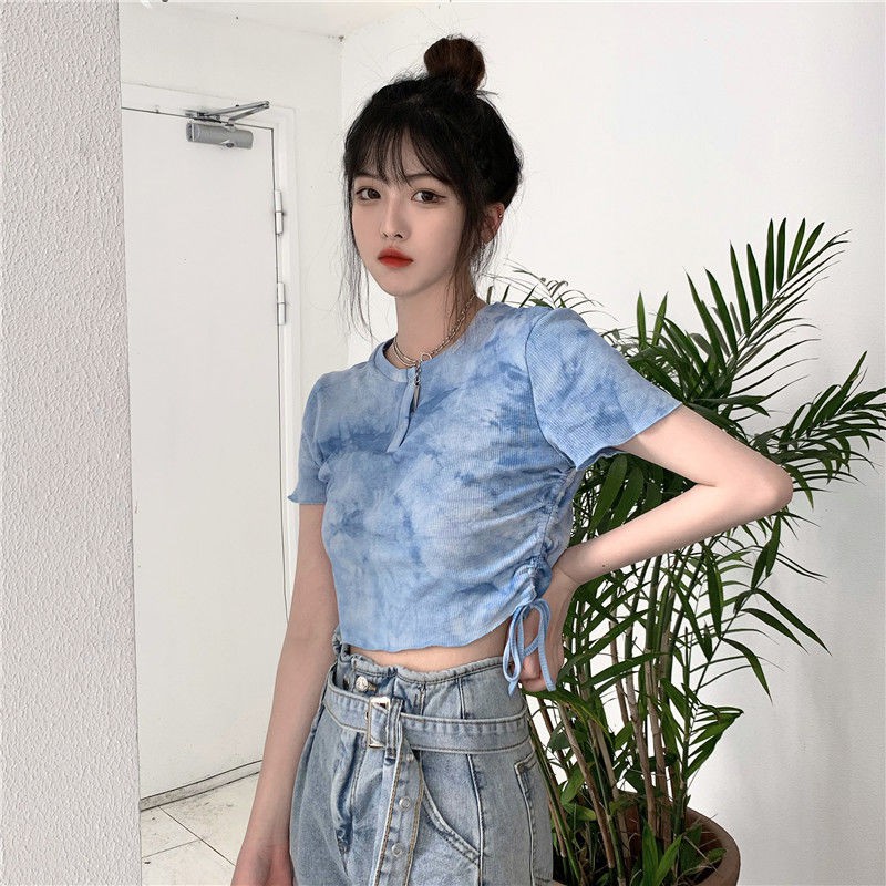 Careful machine design niche blue tie-dye drawstring BM wind top short cropped slim short-sleeved T-shirt women