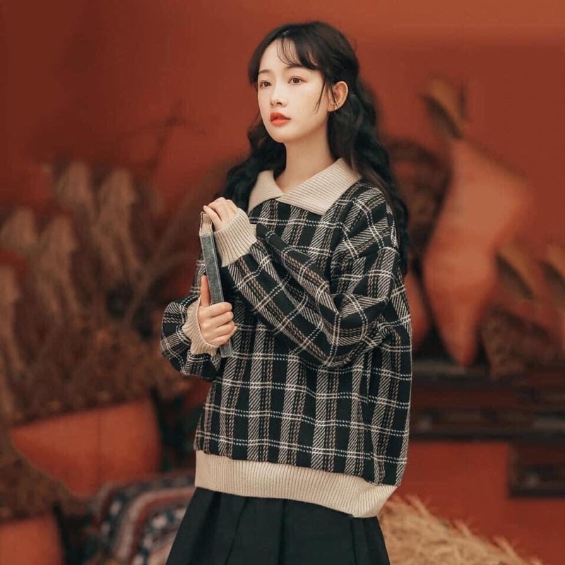 Áo dạ kẻ có cổ hot trend xinh cực xinh
