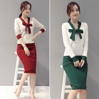 Set váy len cổ nơ