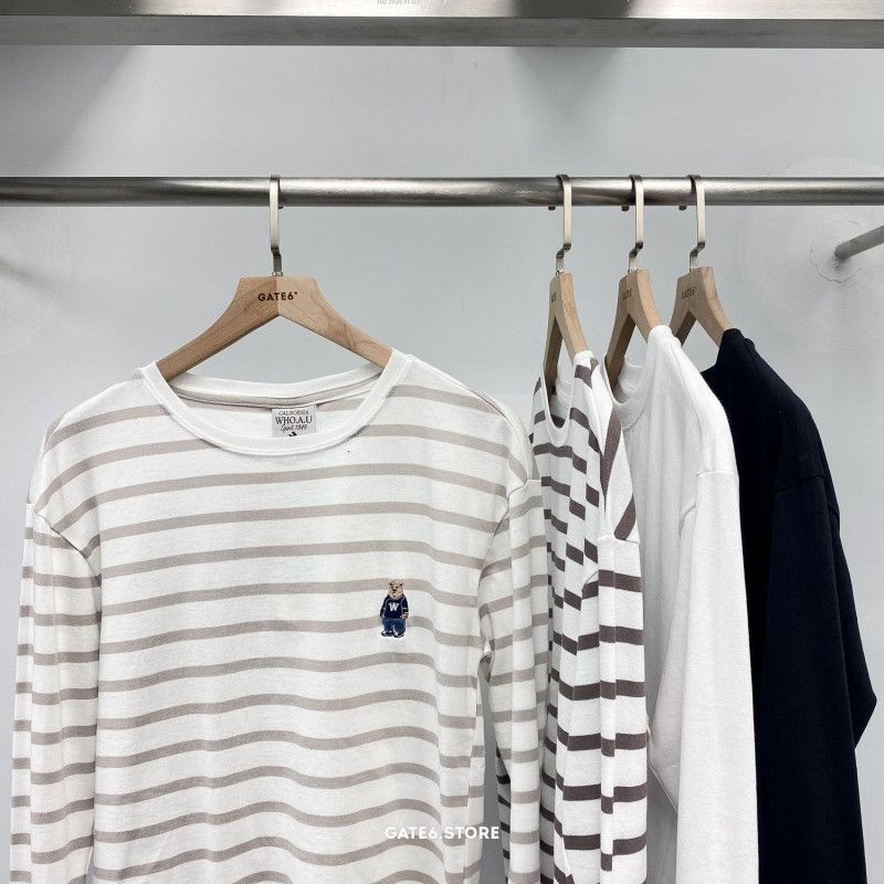 Áo thun dài tay Nam Nữ WH, phông cổ tròn kẻ ngang thêu gấu Unisex Hàn Quốc - GATE6 - 4832/33
