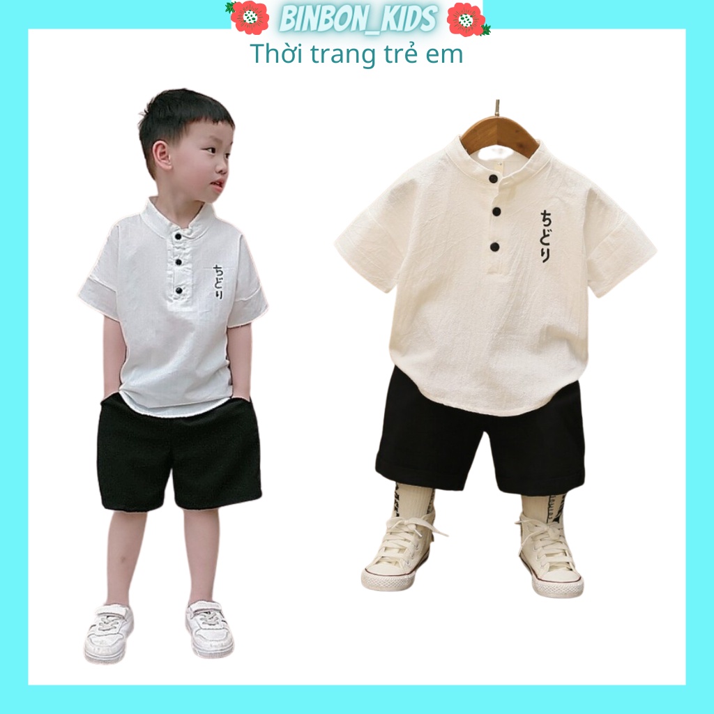 Bộ quần áo bé trai chất đũi BINBON KIDS, bộ cộc tay bé trai họa tiết hoạt hình Chidori cho bé từ 6- 28kg QATE568