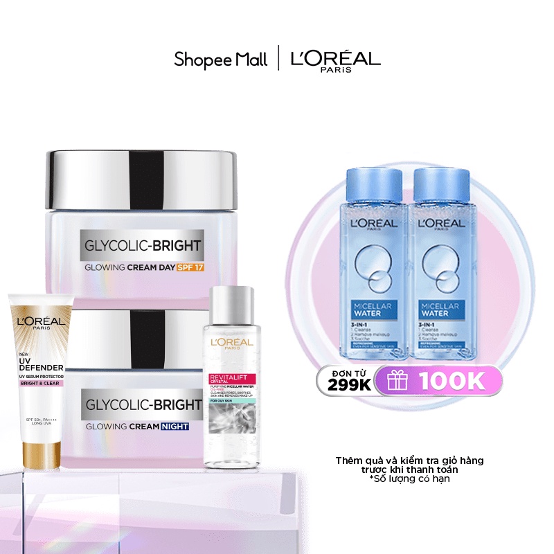 Bộ kem ngày đêm sáng da tức thì Glycolic Bright 50ml x2 &amp; tẩy trang kiềm dầu &amp; chống nắng bảo vệ L'Oreal Paris