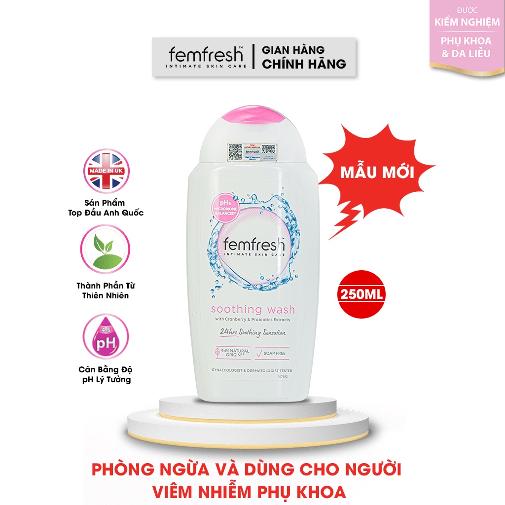 Dung dịch vệ sinh phụ nữ cao cấp hỗ trợ viêm nhiễm phụ khoa Anh Quốc Femfresh Soothing Wash 250ml