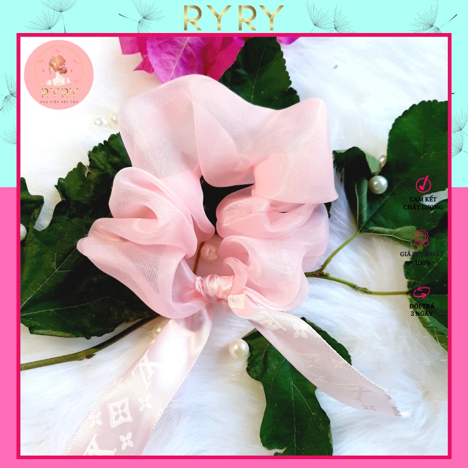Dây cột tóc vải scrunchies đính nơ xinh xắn