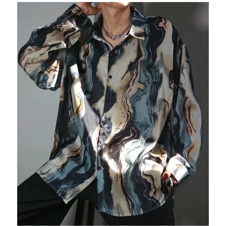 Áo sơ mi tay dài dáng rộng vải lụa satin in họa tiết hoa phong cách Hồng Kông cổ điển thời trang cho nam và nữ