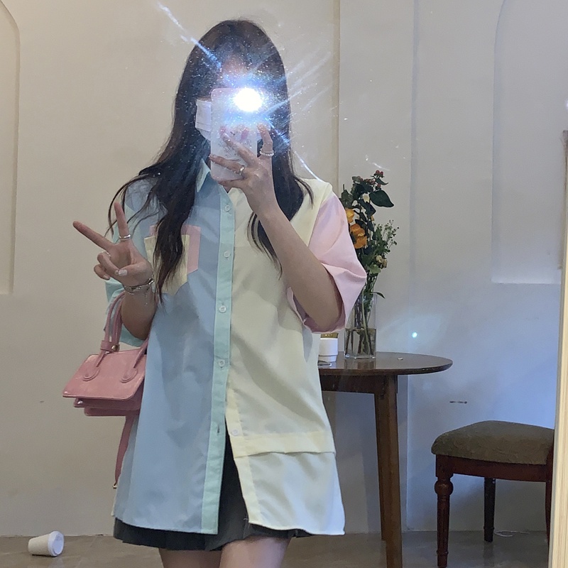 QOEDDV Áo sơ mi ngắn tay dáng rộng phong cách Hàn Quốc phối màu cá tính thời trang dành cho nữ