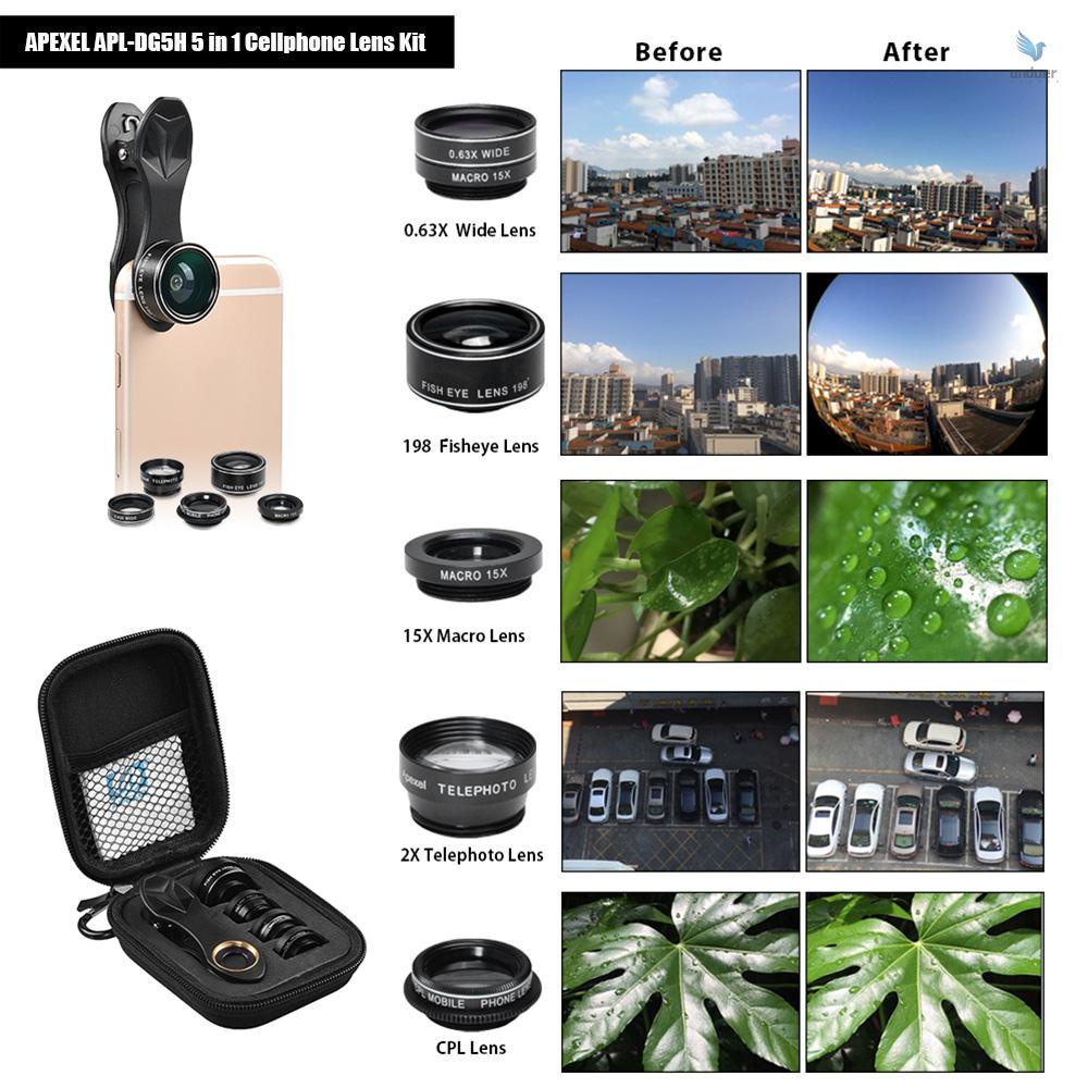 Tròng kính góc rộng APEXEL APL-DG5H 5 trong 1+tròng mắt cá 198 0.63x+Macro 15x+CPL 2x cho iphone samsung huawei xiaomi