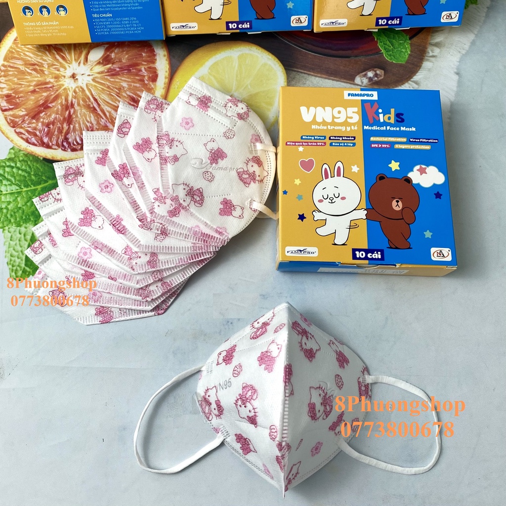 Khẩu trang FAMAPRO VN95 KIDS cho Bé in hình 4 lớp kháng khuẩn 10 cái / hộp