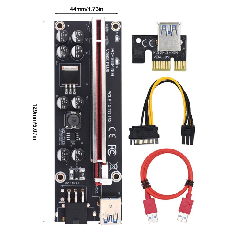 btsg VER009S Plus PCI-E Riser Card 8 Capacitors PCI Express 1X 16X USB 3.0 Cable SATA to 6Pin Connector Power Cable