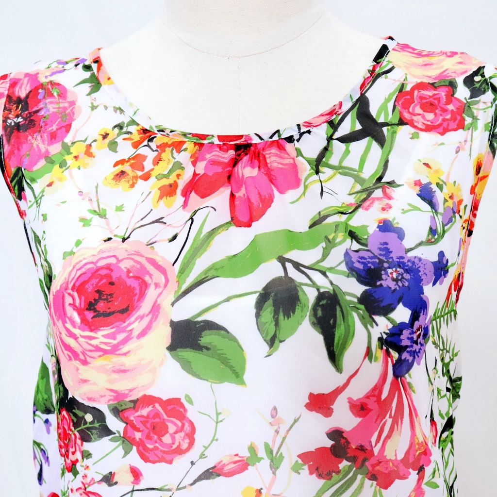 Đầm voan hoa xếp ly form rộng hai lớp sát nách cổ tròn Maxi Dress MS505 | BigBuy360 - bigbuy360.vn