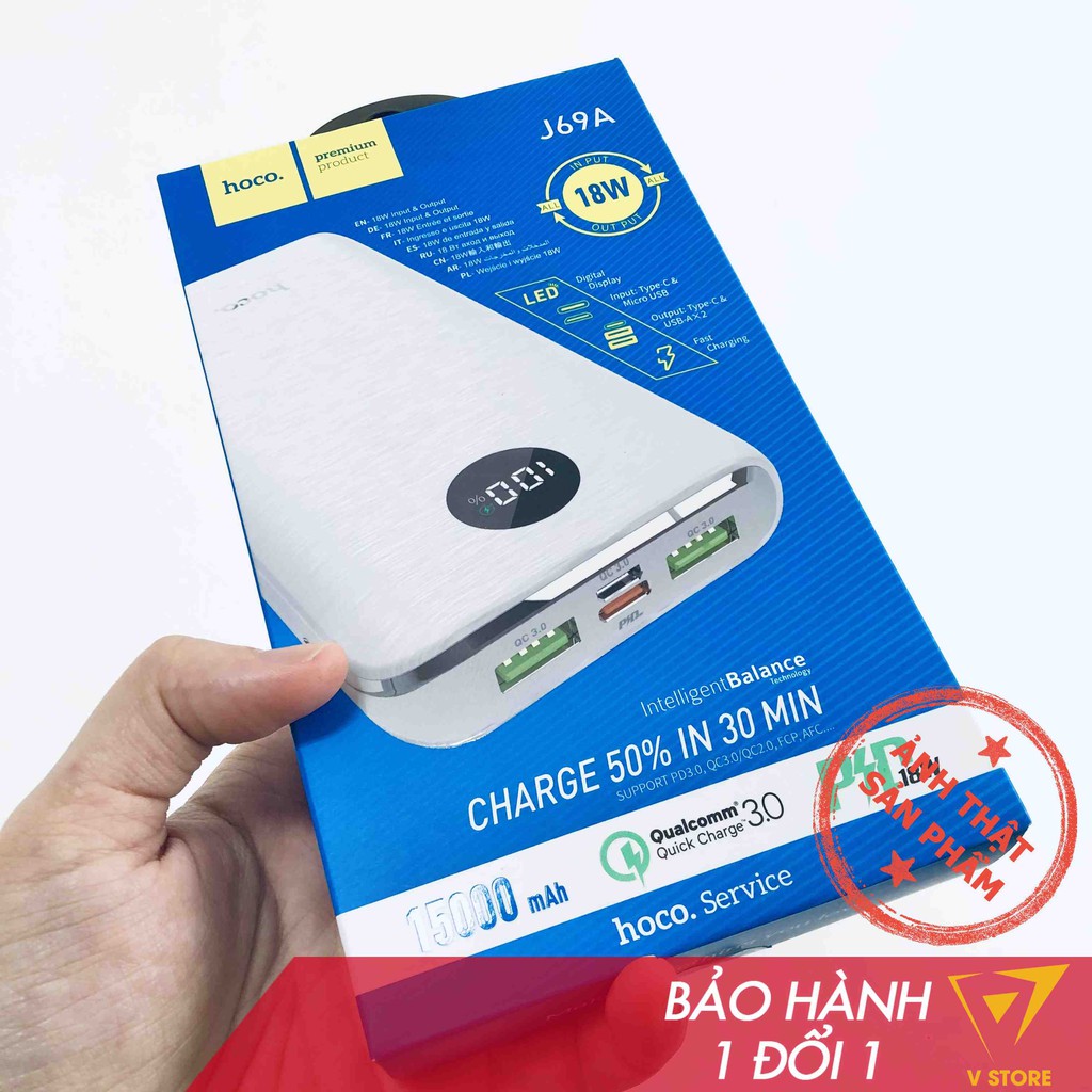 [Qc3 pd 18w] Pin sạc dự phòng 15000mah J69a sạc nhanh 2 usb 1 typec 1 micro cho iphone samsung led [hoco đà nẵng]