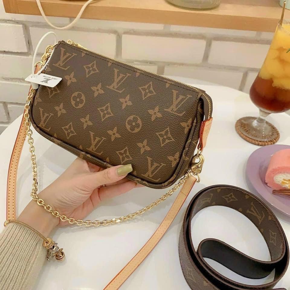 Túi Lv Kẹp Nách Hoa Nâu Kèm Dây Đeo Chéo