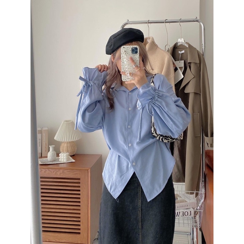 Áo Sơ Mi Nơ Lưng Vải Lụa Trơn -Áo Sơ Mi Nữ kiểu Tiểu Thư Hàn Quốc Freesize