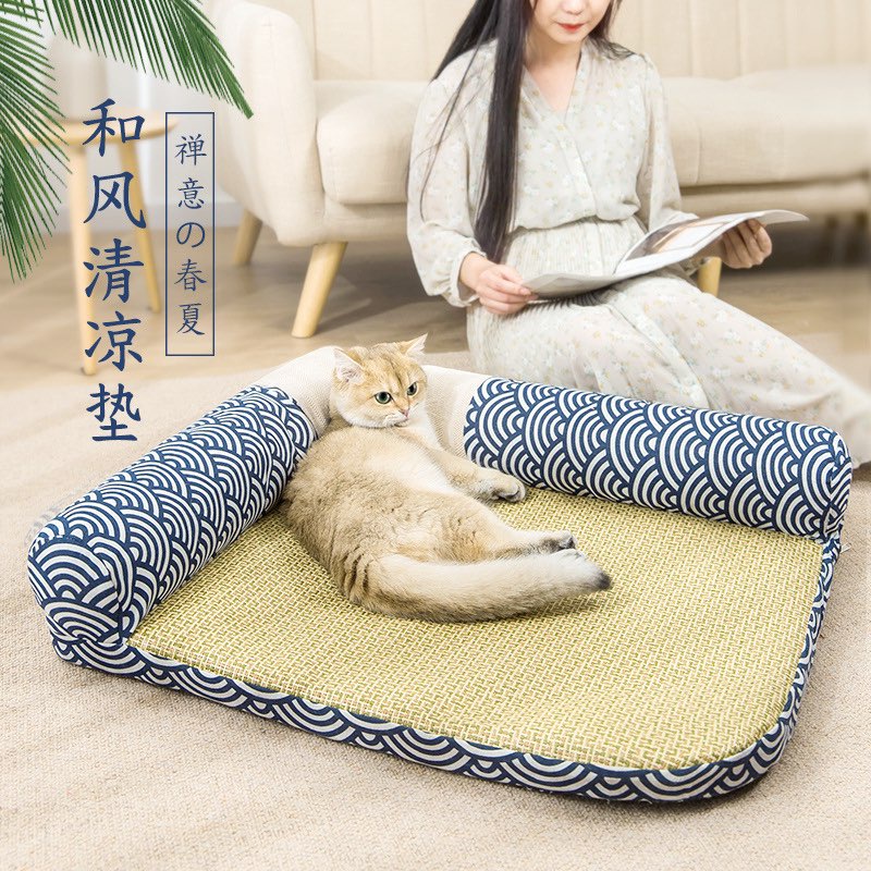 Đệm sofa giường cho chó mèo bốn mùa - Mặt chiếu cói,hoa văn phong cách Nhật Bản