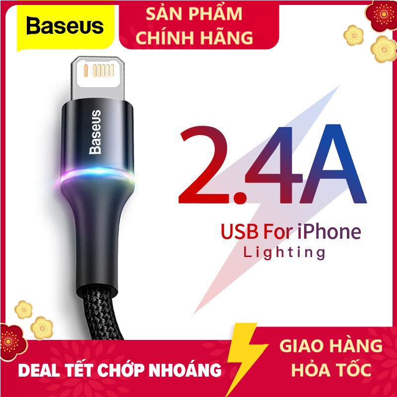 Cáp sạc BASEUS Halo Data USB to Lightning dành cho iPhone/iPad sạc nhanh  dây bọc dù, có đèn LED khi sạc
