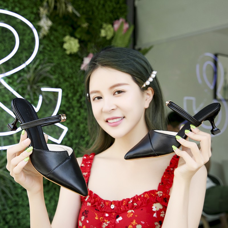 Korean Stilettos Mule Shoes Fashion Ladies Pointed Toe Block Shoes 2 Ways To Wear