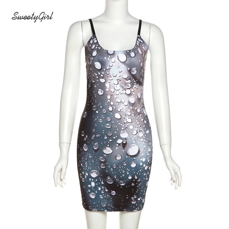 Đầm Mini Không Tay Cổ Tròn Ôm Eo In Họa Tiết Giọt Nước Thời Trang 2022 Cho Nữ