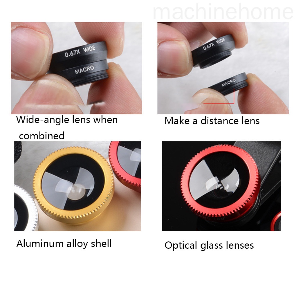 Bộ ống kính dạng kẹp kiểu mắt cá góc rộng 180 độ 0.67X 3 trong 1 cho camera điện thoại