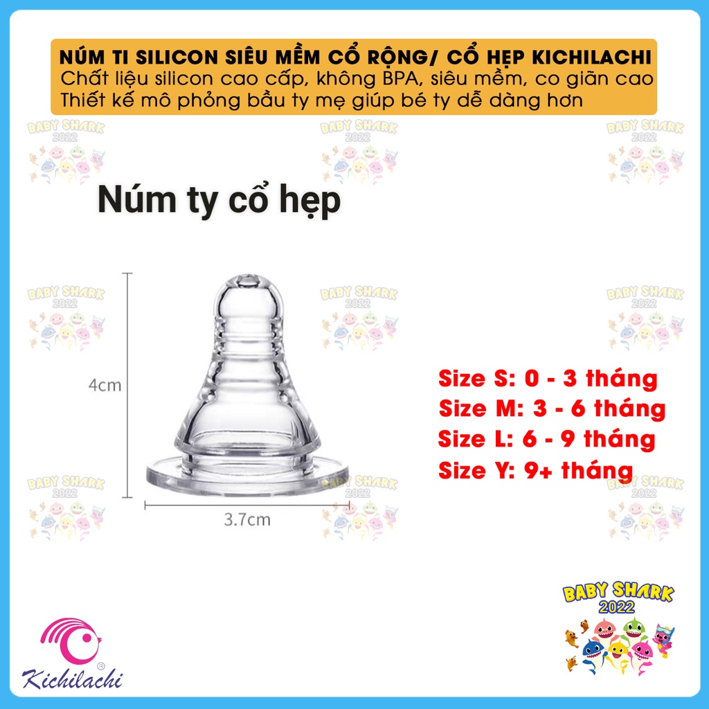 Núm ti silicone Kichilachi siêu mềm mô phỏng bầu ti mẹ cho bình sữa cổ rộng, cổ hẹp
