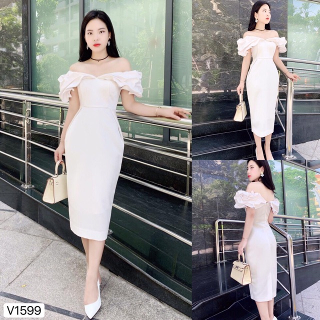 Đầm váy body trắng trễ vai hot girl, đầm thiết kế cao cấp DVC-V1599