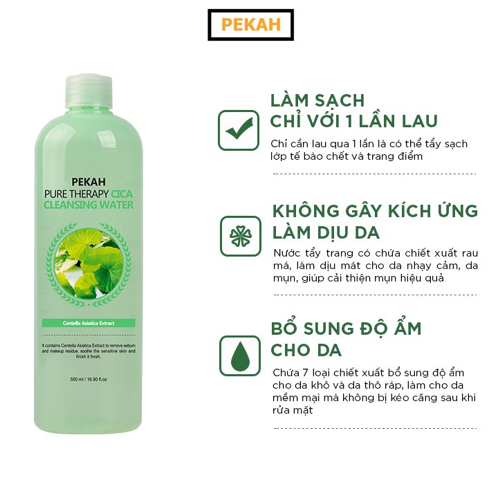 Nước tẩy trang rau má ngừa và cải thiện da mụn PEKAH Pure Therapy Cica Cleansing Water 500ml