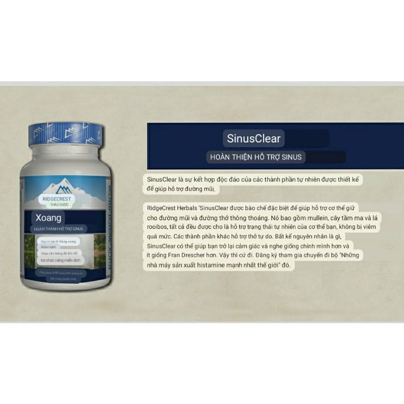 [ Date 8/2025] Viên uống hỗ trợ viêm xoang , nghẹt mũi Sinus Clear của RIDGECREST HERBALS 60 viên