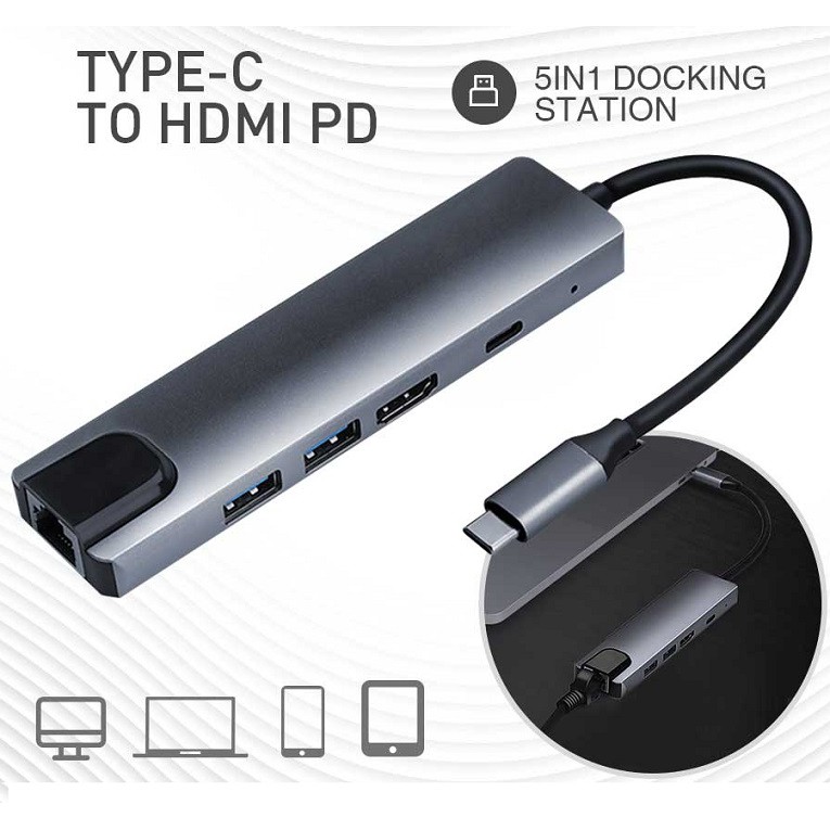 [Mã ELMS5 giảm 7% đơn 300K] Cáp chuyển đổi Hup USB Type C 5 in 1 To HDMI, RJ45, 2 x USB 3.0, USB Type C