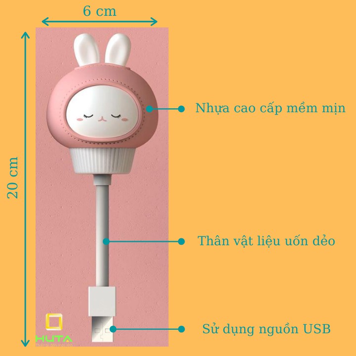 Đèn Ngủ Mini Cho Bé Huta Light For Life Hình Thú THO01 Chú Thỏ Cute, Đầu Cắm USB, Uốn Dẻo Tiện Lợi, Decor Phòng Ngủ